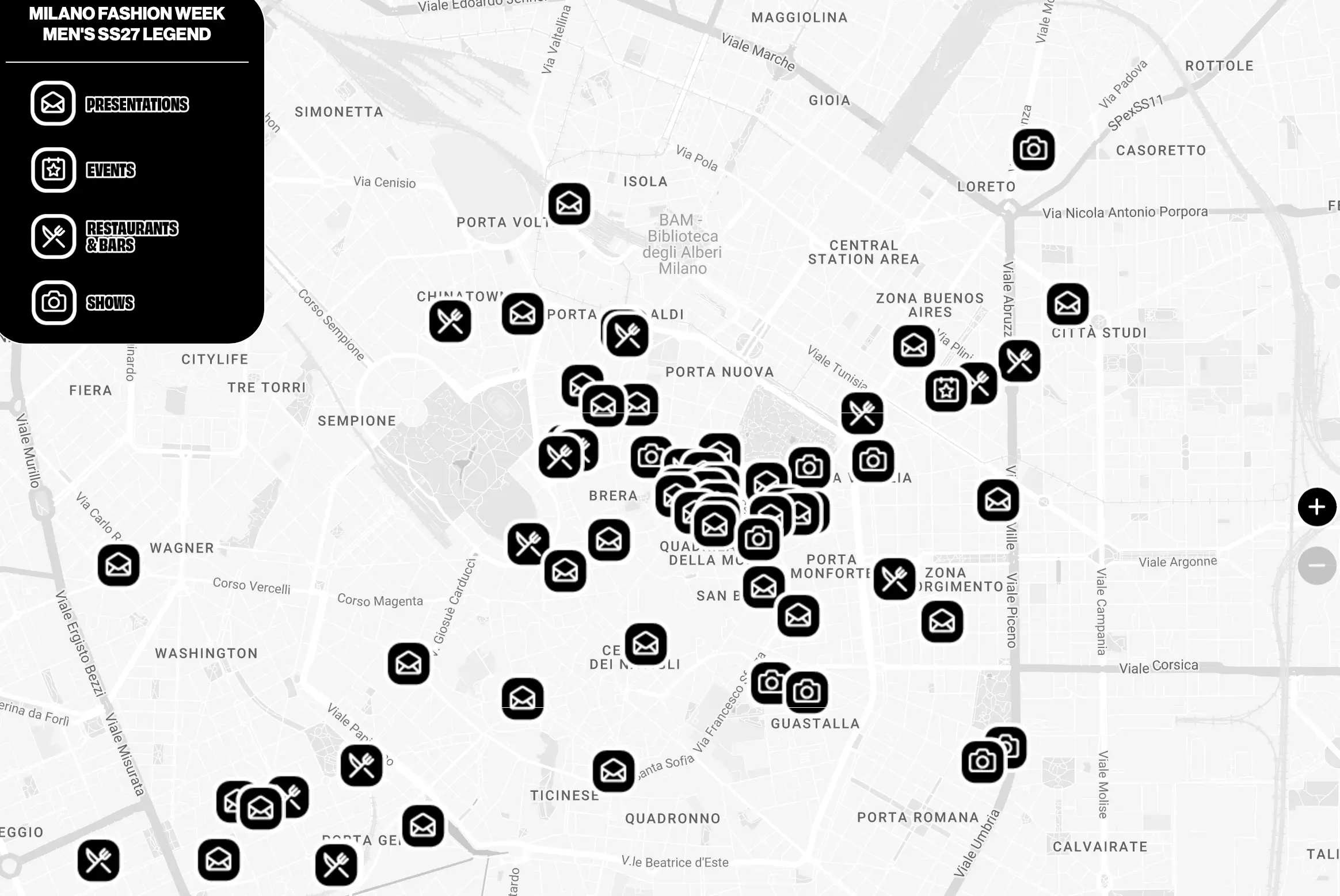 Interactive map of Milan Fashion Week Men’s Spring/Summer 2027 displaying event locations across the city. Black icons mark runway shows, presentations, events, restaurants, and bars, with a dense concentration of fashion activity centered around Brera, Porta Nuova, Quadrilatero della Moda, and Porta Monforte. A legend in the upper-left corner identifies each category, highlighting the citywide scale and interconnected nature of Milan’s menswear calendar