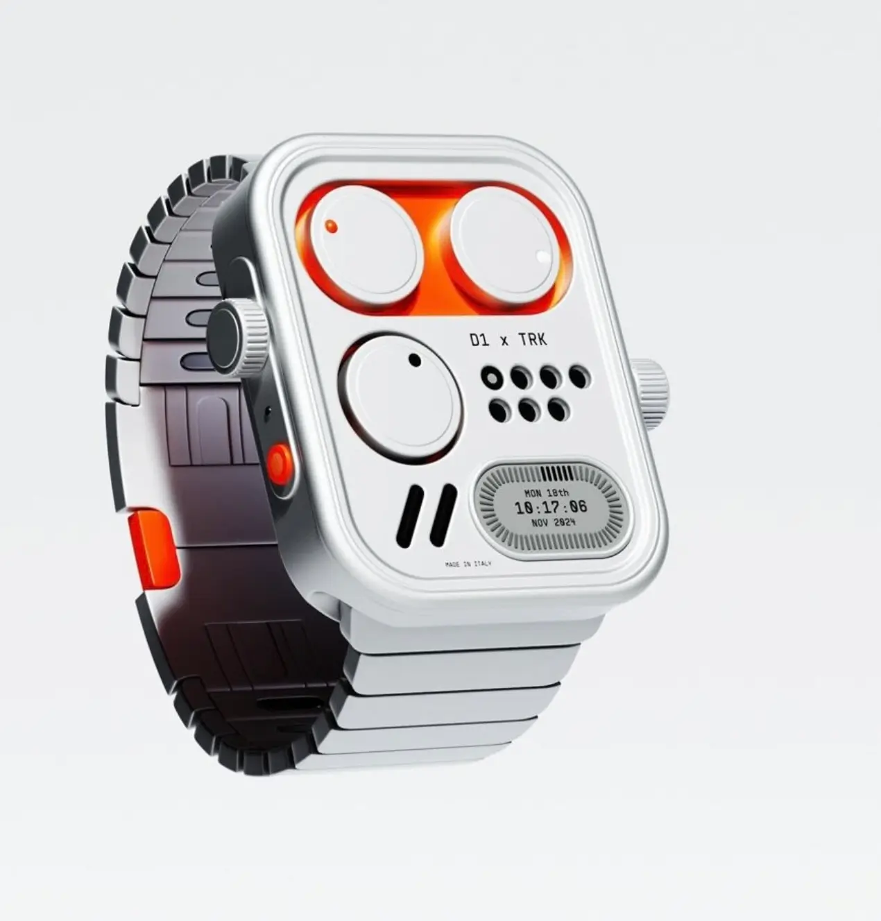 Futuristic silver wristwatch with a rounded-square case, integrated metal bracelet, and glowing orange accents. The minimalist dial uses oversized circular time indicators, geometric details, and a small digital display, blending retro-futurist design with modern wearable technology