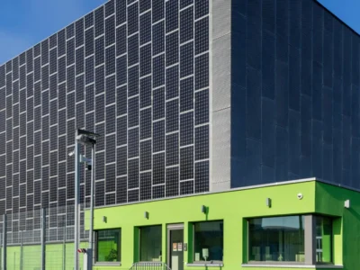 Modern data center facility with a solar-panel-clad exterior, bright green administrative offices, and secure perimeter fencing, showcasing sustainable digital infrastructure and renewable energy integration