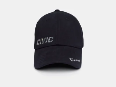 Black cotton baseball cap with a curved brim featuring a metallic silver "CIVIC" logo embroidered on the left front panel. A small cursive logo is stitched in silver on the edge of the brim, with tonal eyelets and a classic six-panel construction against a white background