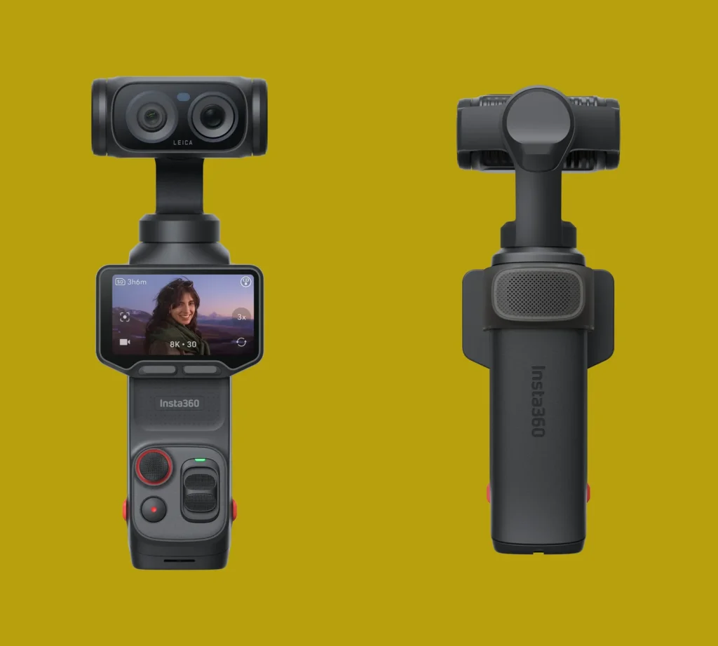 Front and rear views of the Insta360 camera featuring dual Leica-branded lenses, a built-in touchscreen display, integrated controls, and a textured grip designed for mobile content creation