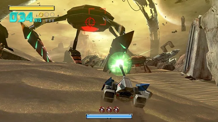 Action scene from Star Fox Zero featuring an Arwing flying low across a sandy battlefield. The player targets a towering mechanical enemy amid futuristic ruins and debris, with bright laser fire illuminating the dramatic desert environment