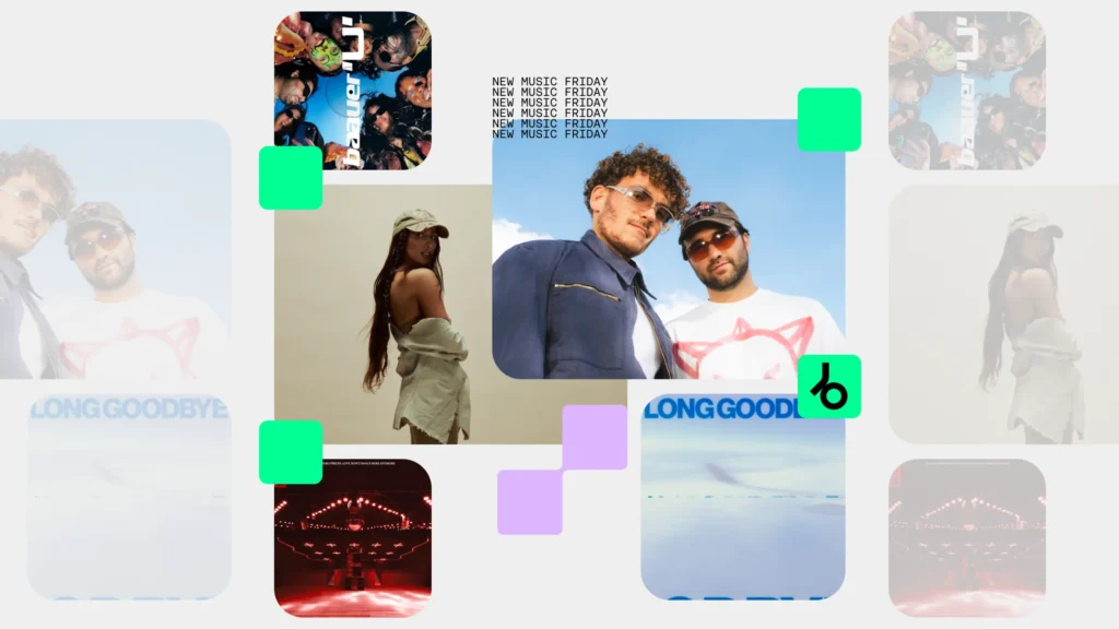 Beatportal New Music Friday promotional graphic featuring artist portraits, Long Goodbye album artwork, electronic music visuals, bold typography, and colorful geometric accents arranged in a modern collage layout