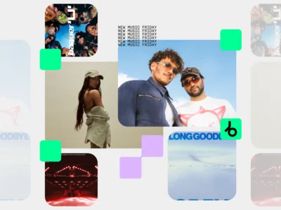Beatportal New Music Friday promotional graphic featuring artist portraits, Long Goodbye album artwork, electronic music visuals, bold typography, and colorful geometric accents arranged in a modern collage layout