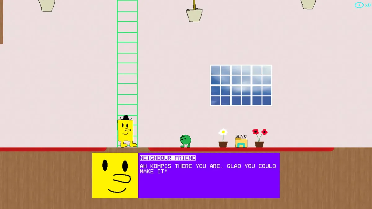 A colorful screenshot from an indie platform-style video game shows a small green character standing beside a yellow neighbor character inside a hand-drawn environment. A dialogue box at the bottom displays pixel-art text, while ladders, potted plants, and a window create a play, retro-inspired game world