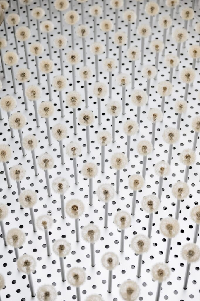 Close-up of the installation's perforated white platform covered with evenly spaced white rods topped by delicate dandelion seed heads. The repeating botanical elements create a textured landscape with soft, airy detail against the geometric surface