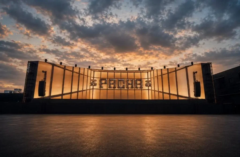 Dramatic dusk view of Pacha New York’s illuminated main stage in Brooklyn, showcasing the iconic glowing PACHA signage against a vibrant sunset sky. The expansive open-air dancefloor awaits the venue’s highly anticipated open
