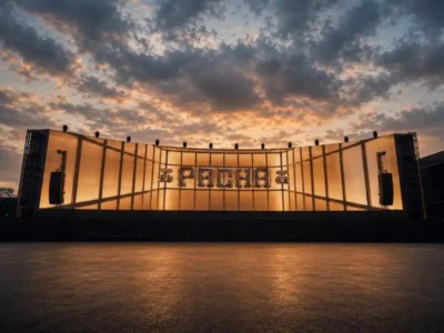 Dramatic dusk view of Pacha New York’s illuminated main stage in Brooklyn, showcasing the iconic glowing PACHA signage against a vibrant sunset sky. The expansive open-air dancefloor awaits the venue’s highly anticipated open