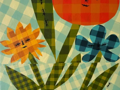 Whimsical folk-art painting of a bouquet of stylized flowers and leaves rendered in colorful gingham plaid patterns. An orange flower, a yellow flower, and a blue flower rise from green checkered stems against a light blue-and-white checkered background. Small black ants crawl across the petals, leaves, and surrounding space, adding playful movement to the cheerful, handcrafted composition. The artwork is signed and dated in the lower-right corner