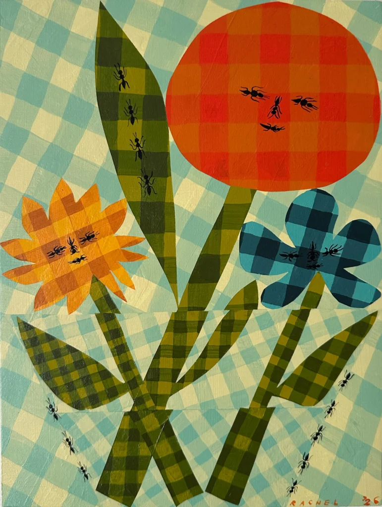 Whimsical folk-art painting of a bouquet of stylized flowers and leaves rendered in colorful gingham plaid patterns. An orange flower, a yellow flower, and a blue flower rise from green checkered stems against a light blue-and-white checkered background. Small black ants crawl across the petals, leaves, and surrounding space, adding playful movement to the cheerful, handcrafted composition. The artwork is signed and dated in the lower-right corner