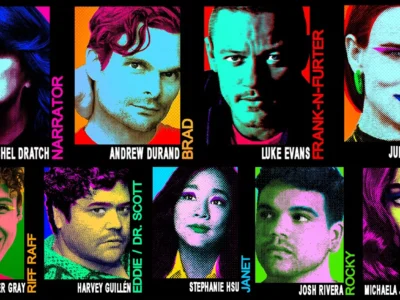 Pop-art promotional poster for The Rocky Horror Show Broadway revival featuring a colorful grid of cast portraits against a black background. Neon pink, blue, green, yellow, and orange tones highlight the characters, with cast names and roles displayed vertically and horizontally. The vibrant design channels comic-book aesthetics and glam-rock energy, emphasizing the show's bold themes of individuality, theatricality, and self-expression