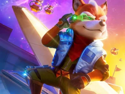 Promotional artwork of Fox McCloud from Star Fox Zero standing confidently on an elevated platform. Wearing a blue pilot jacket and green communications visor, he is surrounded by vibrant cosmic colors and distant enemy craft in a dynamic sci-fi set