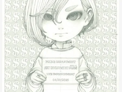 Detailed pencil-and-ink preparatory drawing by Kohei Yamada depicting a wide-eyed character holding a mock police booking placard. Repeating dollar-sign symbols fill the background, reinforcing themes of art, commerce, and value in the conceptual sketch for Good Art is the Best Business