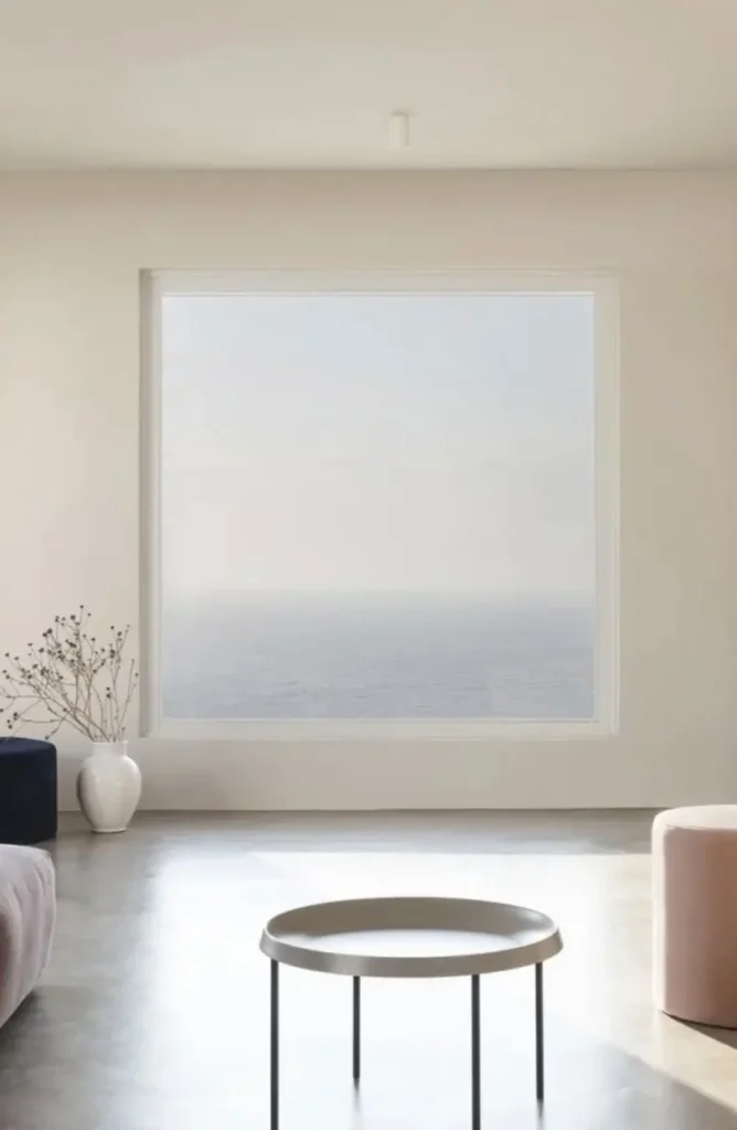 Minimal interior overlooking the sea through a large picture window, blending soft neutral tones, natural daylight, and sculptural furnishings into a tranquil retreat