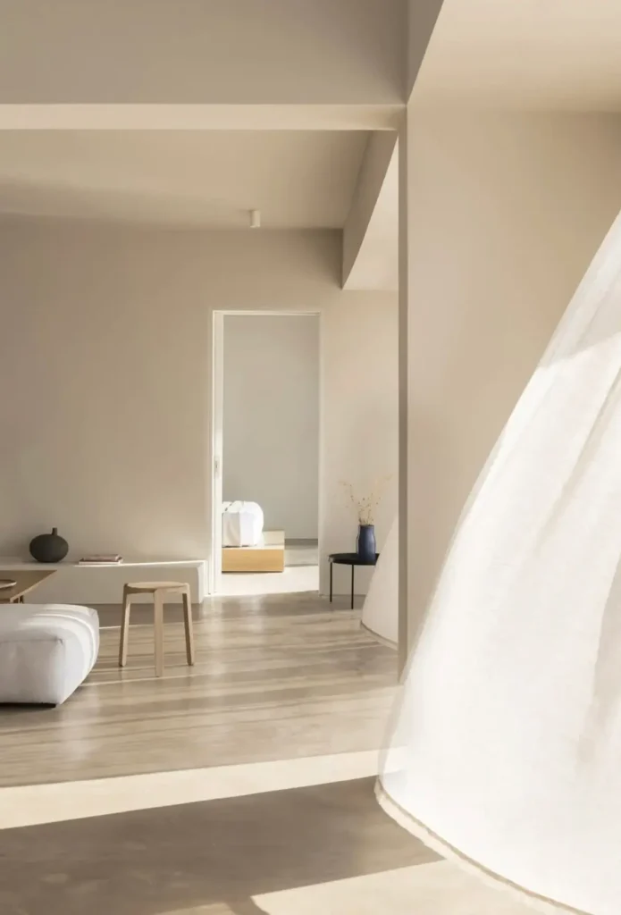 Warm-toned architectural interior with curved walls, natural materials, and filtered sunlight creating a serene atmosphere inspired by contemporary Mediterranean design