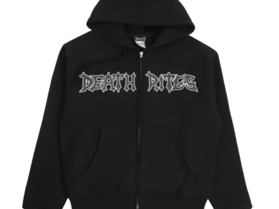 Front-facing Death Rites black zip-up hoodie featuring bold white gothic logo graphics across the chest, full-length zipper closure, adjustable hood, kangaroo pockets, and relaxed streetwear silhouette