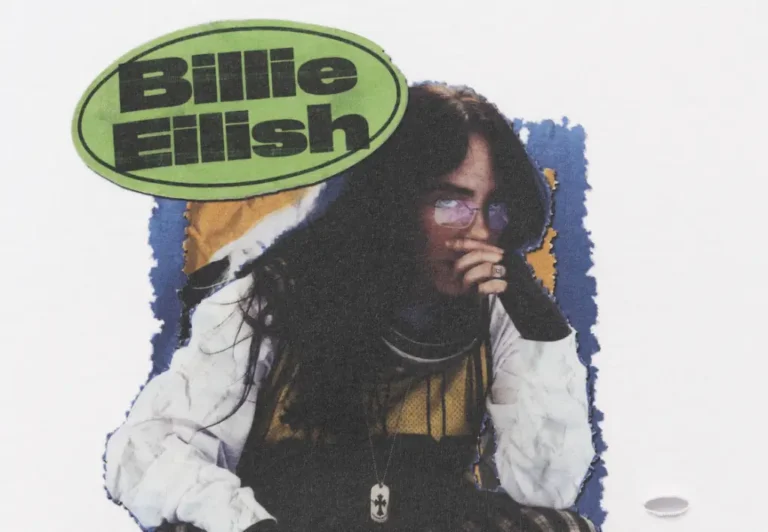 Close-up detail of the Billie Eilish graphic print featuring a vintage concert-style portrait, green oval logo, layered textures, and distressed tour merchandise aesthetic