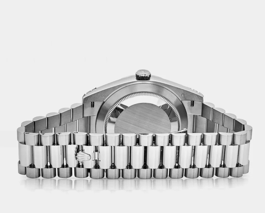 Rear view of the Rolex Day-Date displaying the solid caseback and platinum President bracelet with alternating brushed and polished surface