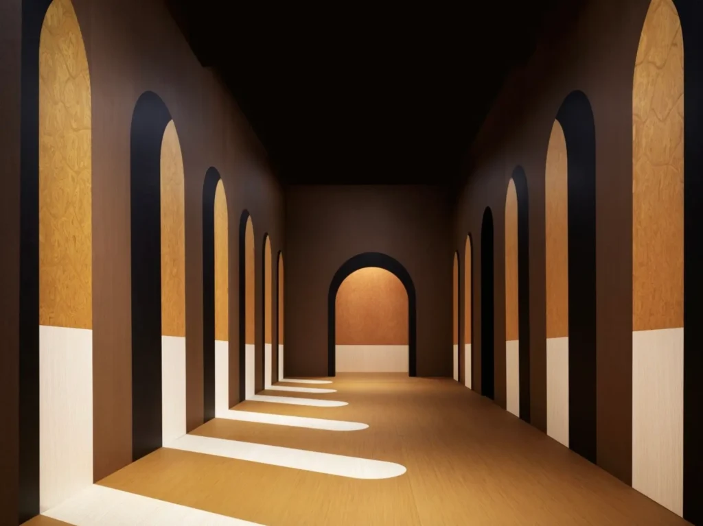 Architectural visualization of a long corridor lined with illuminated arched openings, where warm wood textures and strong light-and-shadow patterns create a serene, cinematic perspective