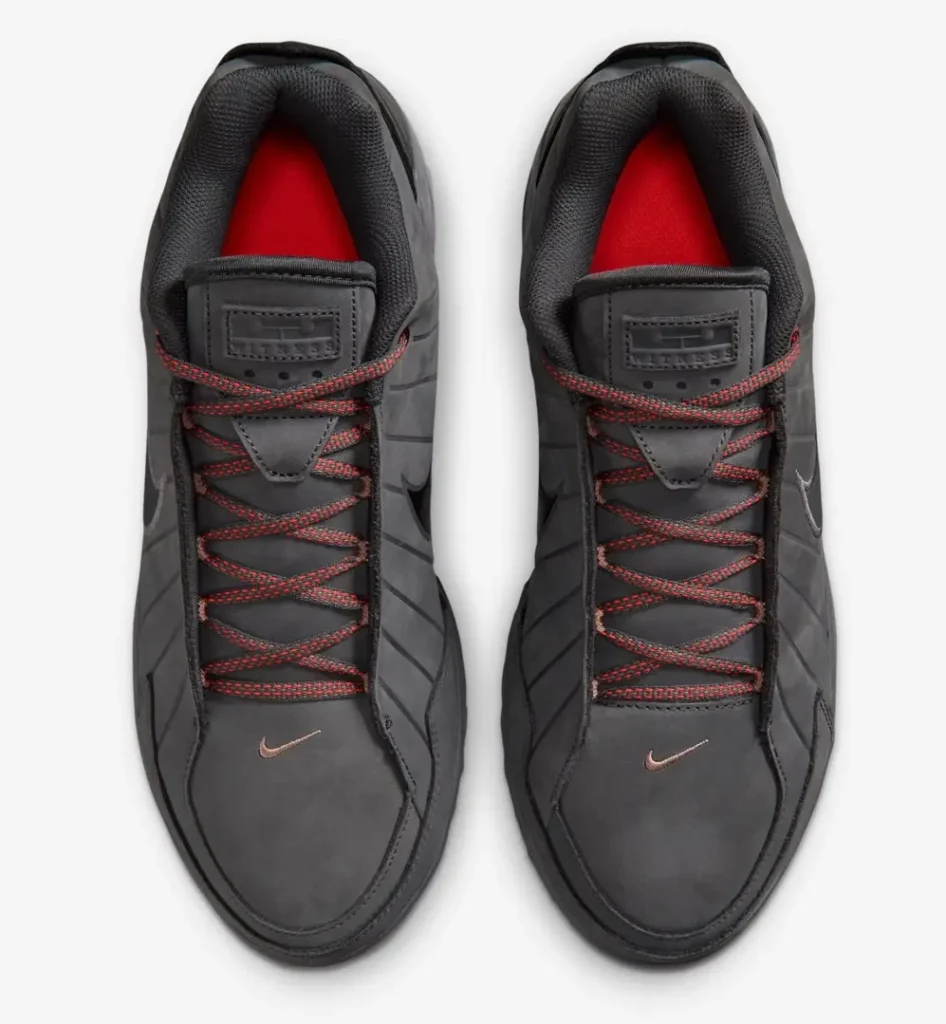 Top-down view of the shoe pair displaying the padded collars, red interior lining, rope-style laces with red flecks, embossed tongue branding, and small metallic Swoosh details on the toe box