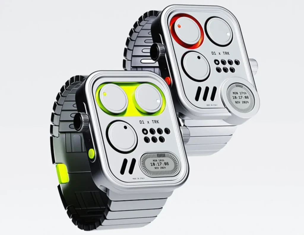 Two futuristic wristwatches with industrial-inspired designs are displayed against a light gray background. Each watch features a square silver case with rounded corners, circular analog-style time indicators, a small digital display, and bold accent lighting in neon green and orange-red. One model is paired with a dark segmented metal bracelet, while the other uses a silver-toned bracelet, emphasizing a blend of retro-futurism and modern wearable technology