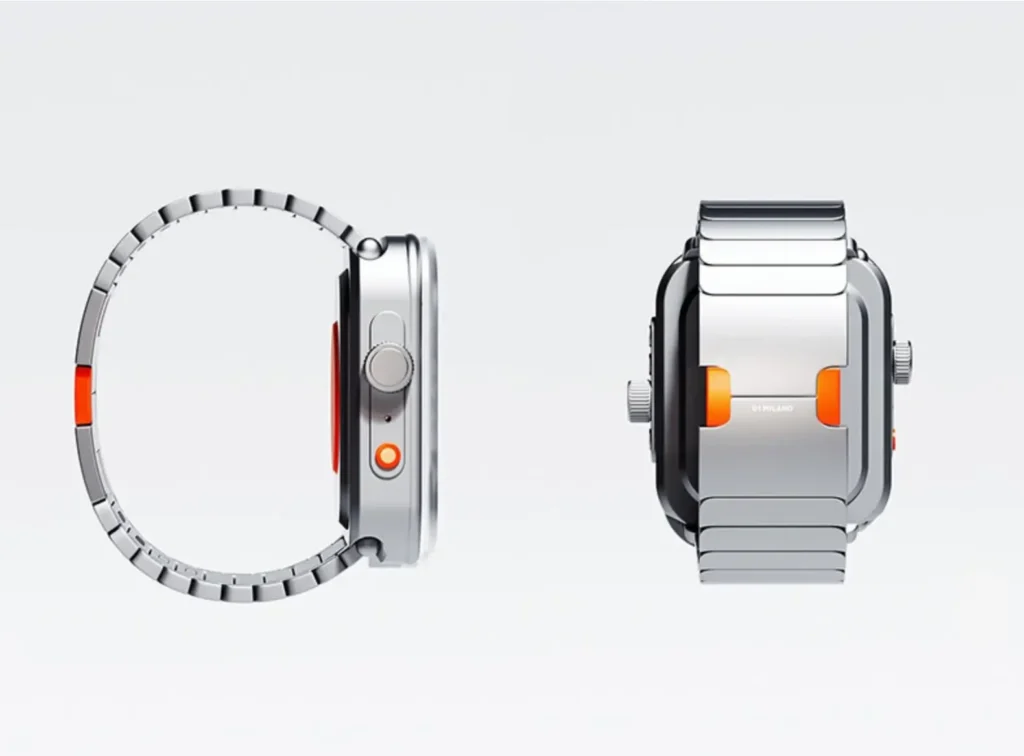 Side and rear profile views of the futuristic watch showcase its sculpted metal case, oversized crown controls, illuminated orange side accents, and segmented bracelet construction. The images highlight the device’s industrial engineering details and streamlined wearable form