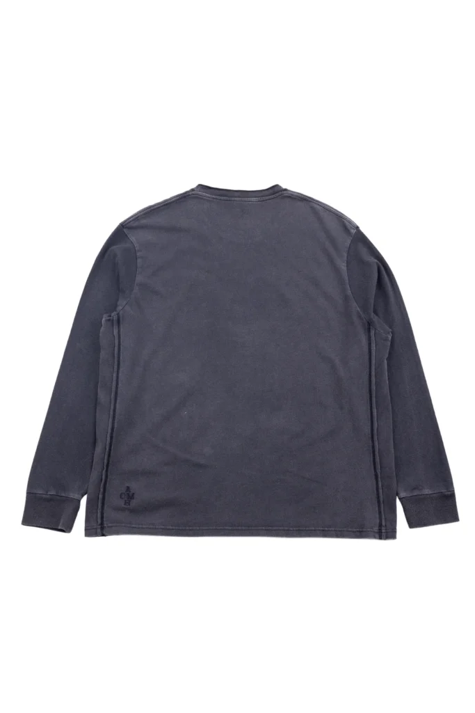 Rear view of the washed charcoal long-sleeve sweatshirt with minimal branding and a relaxed silhouette