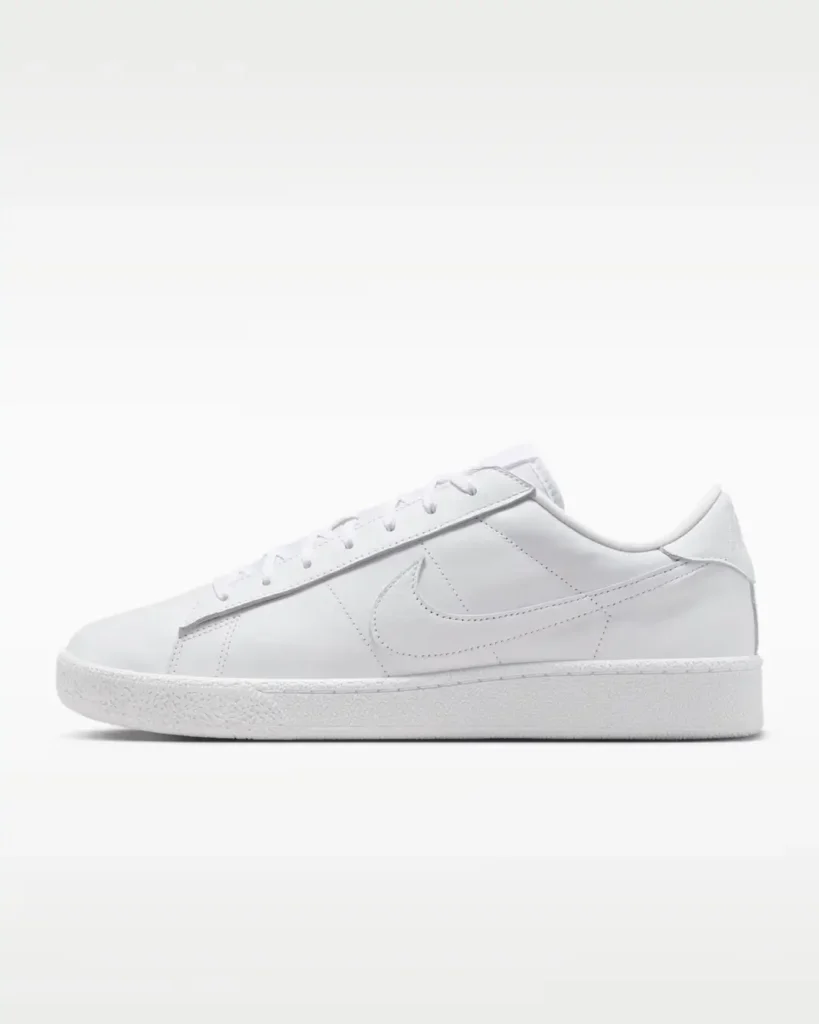 Medial side view of the Nike Tennis Classic CS highlighting the clean all-white leather construction and minimalist tennis-inspired design