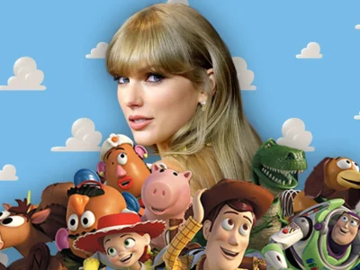 Promotional composite image featuring a blonde singer surrounded by iconic Toy Story characters including Woody, Buzz Lightyear, Jessie, Rex, Hamm, Slinky Dog, Bullseye, and Mr. and Mrs. Potato Head against the franchise’s signature blue sky and white cloud backdrop