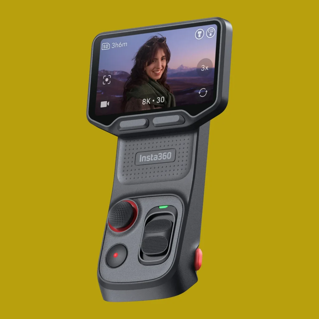 Close-up product render of the Insta360 touchscreen display, showing camera controls, recording settings, and a live preview image, emphasizing the device’s intuitive user interface