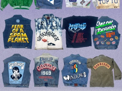 Promotional workshop poster featuring a grid of customized vintage denim jackets, vests, and graphic apparel decorated with hand-painted logos, typography, patches, and pop-culture references. The view highlights Pablo’s Workshop in collaboration with Beyond the Streets, with workshop dates listed across June, July, and August against a textured lavender background
