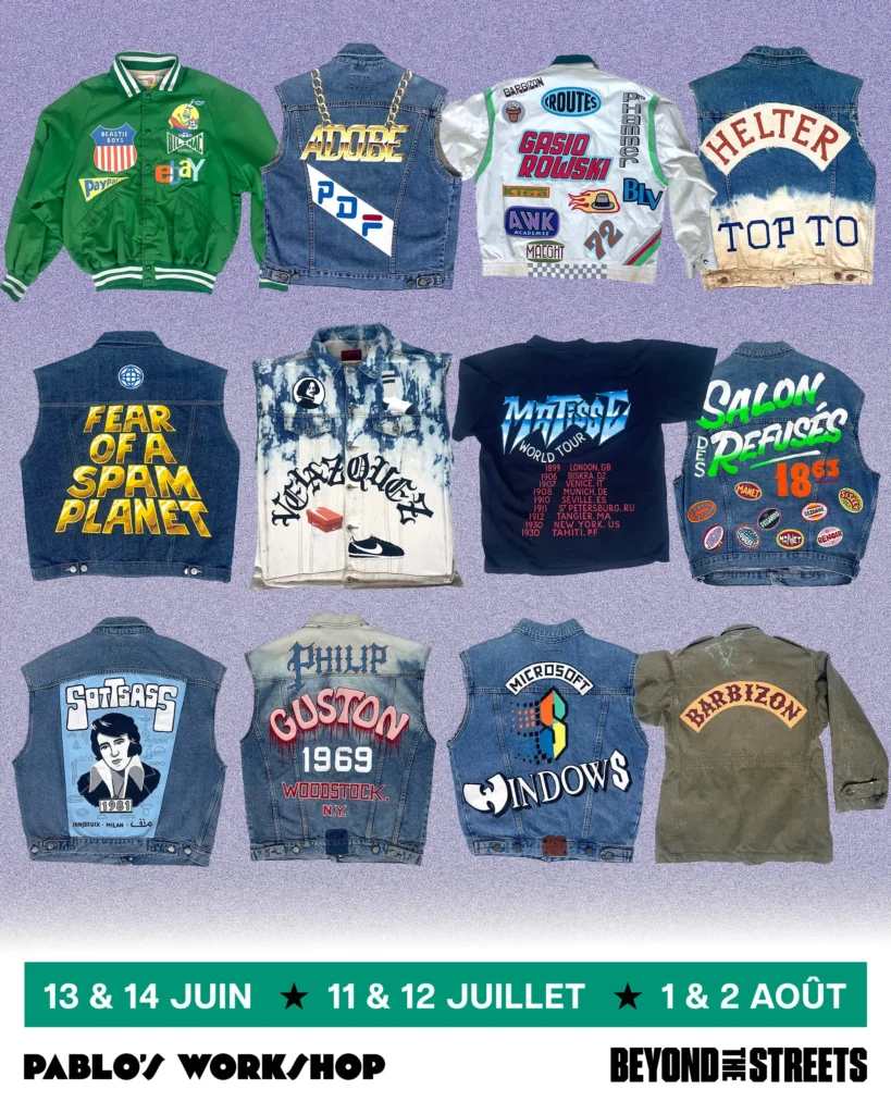 Promotional workshop poster featuring a grid of customized vintage denim jackets, vests, and graphic apparel decorated with hand-painted logos, typography, patches, and pop-culture references. The view highlights Pablo’s Workshop in collaboration with Beyond the Streets, with workshop dates listed across June, July, and August against a textured lavender background