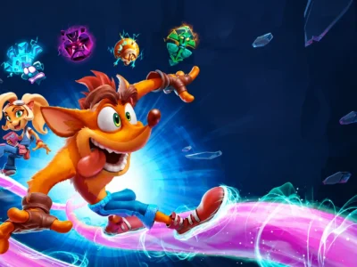 promotional artwork featuring an energetic orange cartoon marsupial racing along a glowing pink-and-blue energy trail through a dark fantasy environment. A blonde female companion rides behind while four mystical floating masks hover overhead, surrounded by luminous crystal shards and vibrant blue light effects that emphasize speed, adventure, and dimensional travel