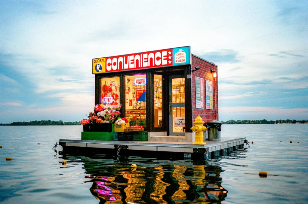 The finished floating convenience store illuminated at dusk on Lake Ontario, its glowing signage and storefront reflections mirrored across the calm water