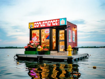 The finished floating convenience store illuminated at dusk on Lake Ontario, its glowing signage and storefront reflections mirrored across the calm water