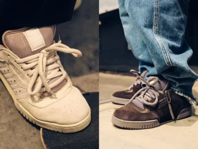 A side-by-side look at the APB x adidas Powerphase “Puff” in off-white and dark brown colorways, highlighting the collaboration’s skate-inspired design language, oversized laces, mesh construction, and premium suede overlay