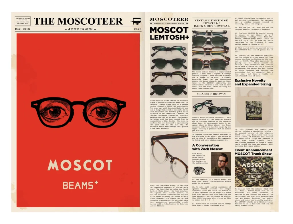 Vintage newspaper-inspired promotional artwork for the MOSCOT x BEAMS PLUS collaboration, featuring LEMTOSH+ eyewear, campaign graphics, product stories, and heritage-inspired brand