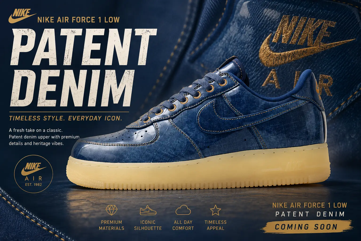 Promotional concept image featuring the Nike Air Force 1 Low Patent Denim in a rich indigo blue finish with gold stitching and a translucent gum-tinted sole. The sneaker is displayed prominently against a textured denim-inspired backdrop with dramatic lighting, oversized typography, and premium product-advertisement styling that highlights the shoe’s glossy patent-denim construction and heritage design detail