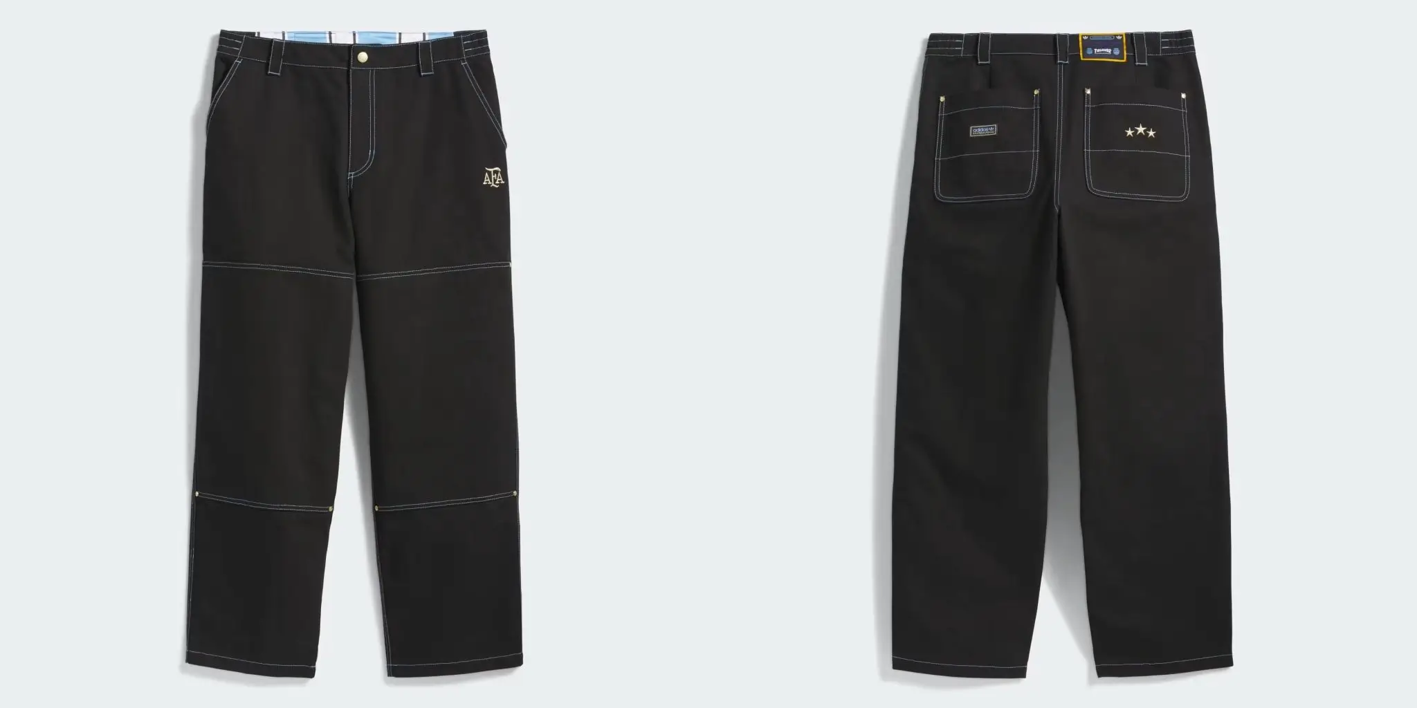 Black THRASHER x AFA workwear-inspired skate pants with contrast stitching, embroidered AFA branding, and oversized utility pocket