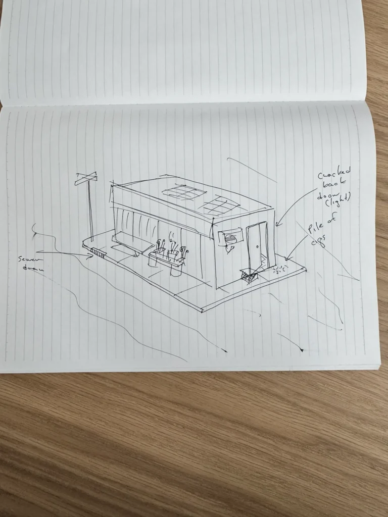 Hand-drawn concept sketch outlining the original vision for the floating corner store, including solar panels, exterior displays, and a platform-based structure surrounded by water