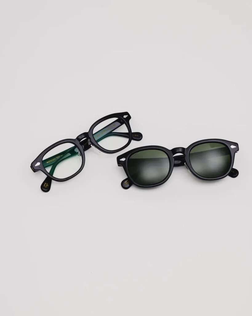 MOSCOT x BEAMS PLUS LEMTOSH+ optical and sunglass frames displayed together, highlighting the collection’s signature rounded silhouette and premium crystal acetate construction