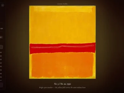 Dark-themed interface showing Chicago weather at 79°F with clear skies at 7:15 AM. A central display pairs the bright morning conditions with Mark Rothko's No. 5 / No. 22 (1950), featuring a luminous yellow field, a vivid horizontal red band, and a warm orange block. The interface includes a mood register set to "radiant," world city time listings, a location search field, and a "Use my location" button