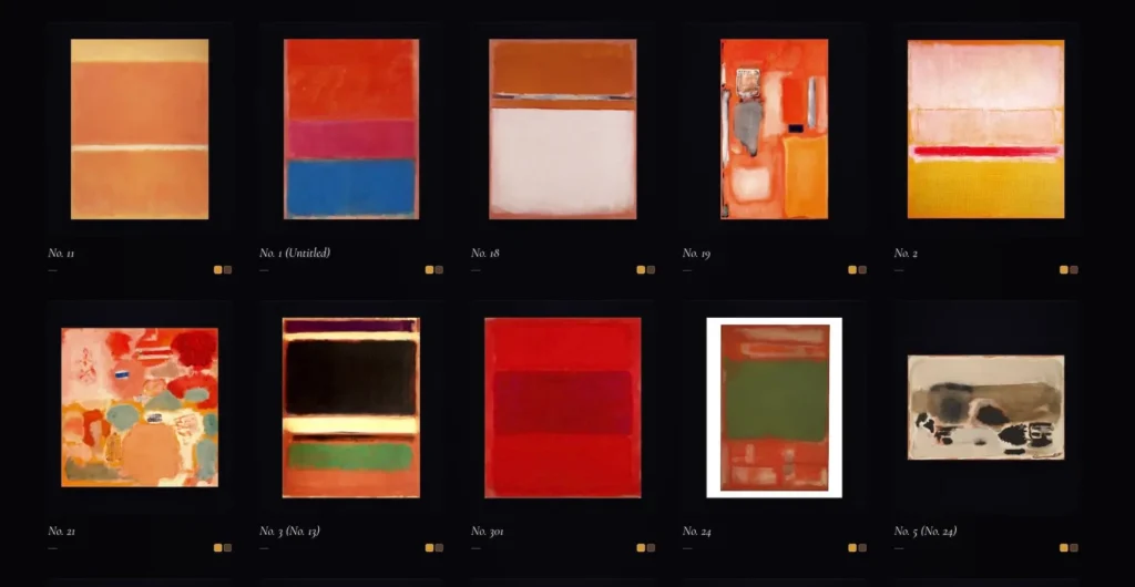 Second gallery grid displaying additional Mark Rothko paintings against a dark background. Featured works include No. 11, No. 1 (Untitled), No. 18, No. 19, No. 2, No. 21, No. 3 (No. 13), No. 301, No. 24, and No. 5 (No. 24). Each painting is accompanied by its title and a pair of color swatches representing its dominant palette, emphasizing Rothko's signature fields of color and abstract composition