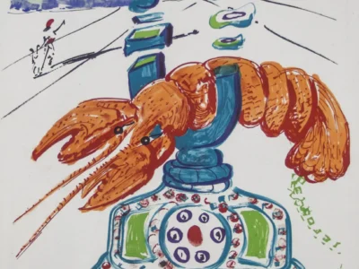 Surreal illustration featuring a lobster perched atop a rotary telephone, rendered in bright orange, blue, and green tones with sketch-like lines and dreamlike forms inspired by avant-garde art