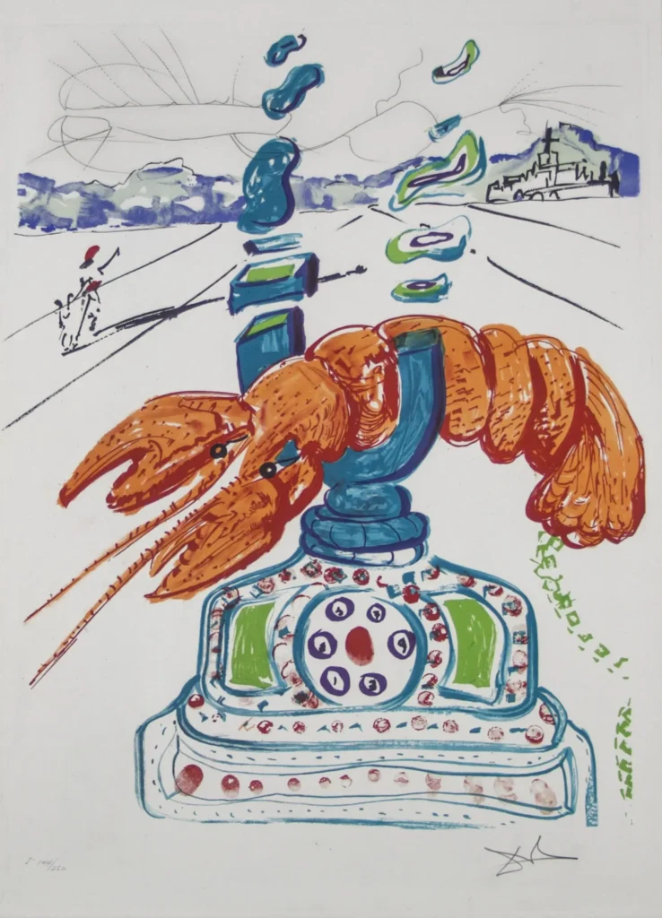 Surreal illustration featuring a lobster perched atop a rotary telephone, rendered in bright orange, blue, and green tones with sketch-like lines and dreamlike forms inspired by avant-garde art