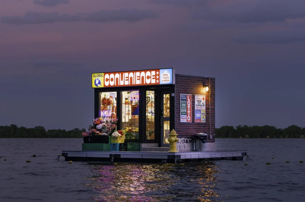 Nighttime photograph of the floating store anchored offshore, with warm interior lighting, colorful flowers outside, and reflections shimmering across the lake’s surface