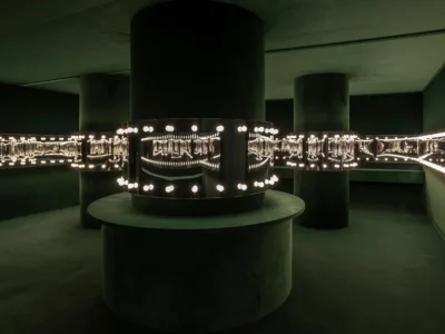 A dark, immersive installation space centered around a large cylindrical structure wrapped with illuminated mirrored panels and rows of exposed bulbs. The reflective surfaces create repeating light patterns that stretch across the room, producing an infinity-like visual effect. Black columns, matte walls, and subdued flooring emphasize the glowing centerpiece, while the symmetrical composition and ambient lighting evoke a futuristic gallery or experiential exhibition environment