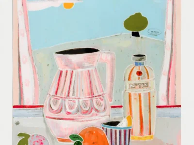 A pastel-toned still-life painting featuring a pink glass pitcher, a striped cup, a bottle labeled “N° TEN,” and fresh fruit arranged on a tabletop beside a window. Beyond the window, a minimalist landscape unfolds with a pale blue sky, soft clouds, a glowing yellow sun, rolling hills, and a solitary green tree. Rendered in delicate pinks, blues, greens, and oranges, the artwork combines playful abstraction with a serene domestic atmosphere, blending everyday objects with a dreamlike countryside view