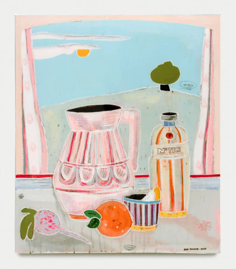 A pastel-toned still-life painting featuring a pink glass pitcher, a striped cup, a bottle labeled “N° TEN,” and fresh fruit arranged on a tabletop beside a window. Beyond the window, a minimalist landscape unfolds with a pale blue sky, soft clouds, a glowing yellow sun, rolling hills, and a solitary green tree. Rendered in delicate pinks, blues, greens, and oranges, the artwork combines playful abstraction with a serene domestic atmosphere, blending everyday objects with a dreamlike countryside view