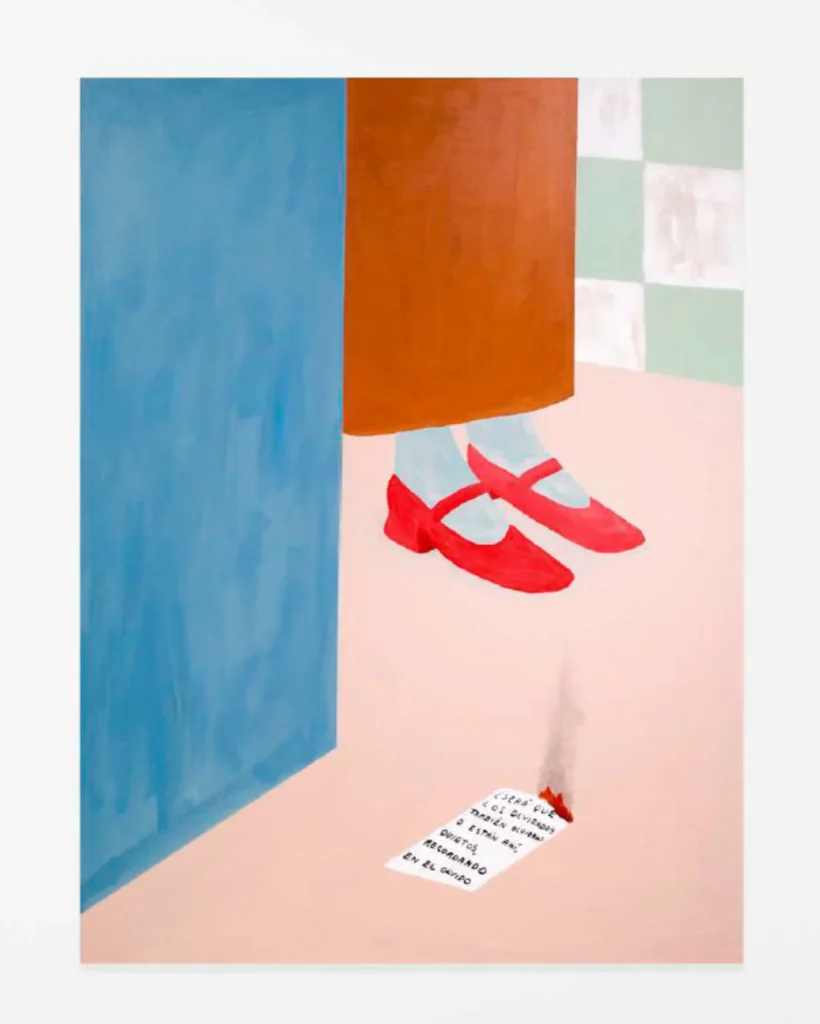 A minimalist contemporary painting depicting the lower half of a figure standing behind a partially open blue door. The figure wears a long brown skirt and bright red Mary Jane shoes with pale blue socks. A small piece of paper with handwritten Spanish text lies on the light pink floor, its corner singed and trailing a thin wisp of smoke. A mint green and white checkerboard wall in the background adds a geometric contrast to the soft, muted tincture palette